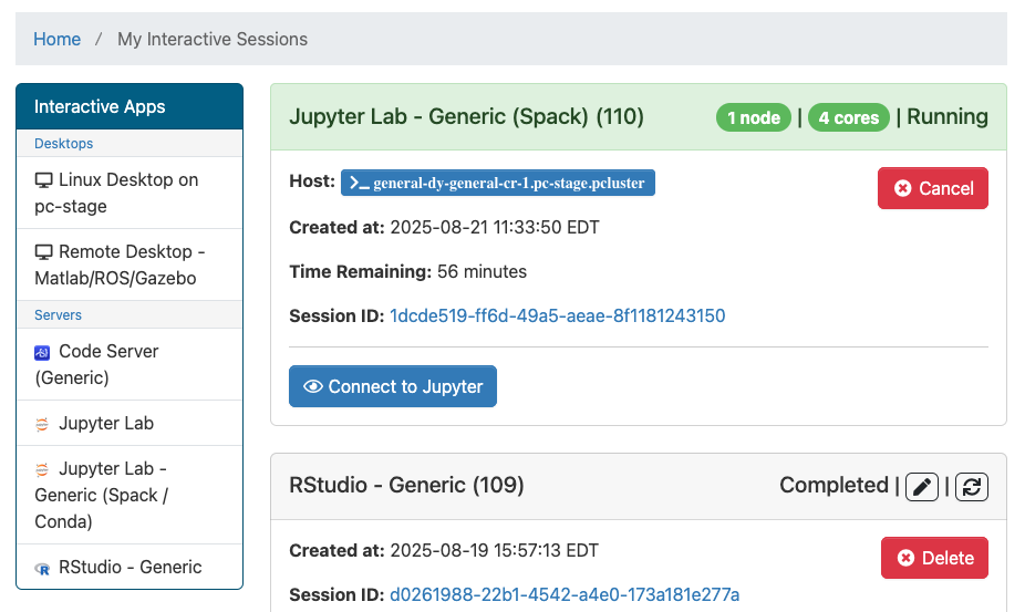 Screenshot showing a Jupyter Lab app card ready to launch in the Open OnDemand interface, with a button that reads "Connect to Jupyter"