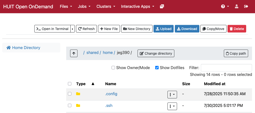 Screenshot of the file browser with the "Show Dotfiles" checkbox checked, and two folders, .config and .ssh, visible.